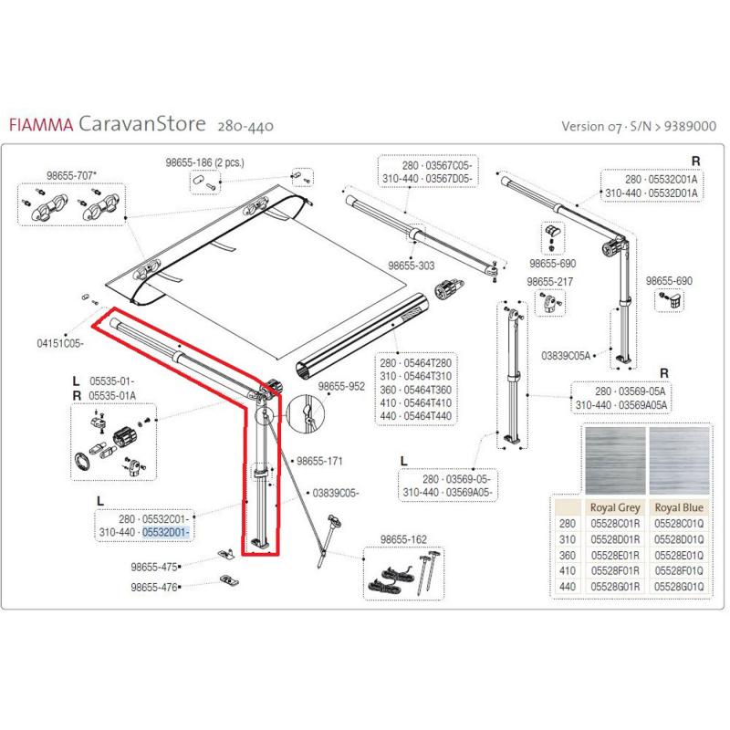 Fiamma Overligger + Ben Venstre 310-440 Versjon 07 i gruppen Fortelt & Markiser / Markiser / Campingvognmarkiser / Reservdeler Campingvognmarkiser / Reservdeler Caravanstore hos Campmarket (73134)