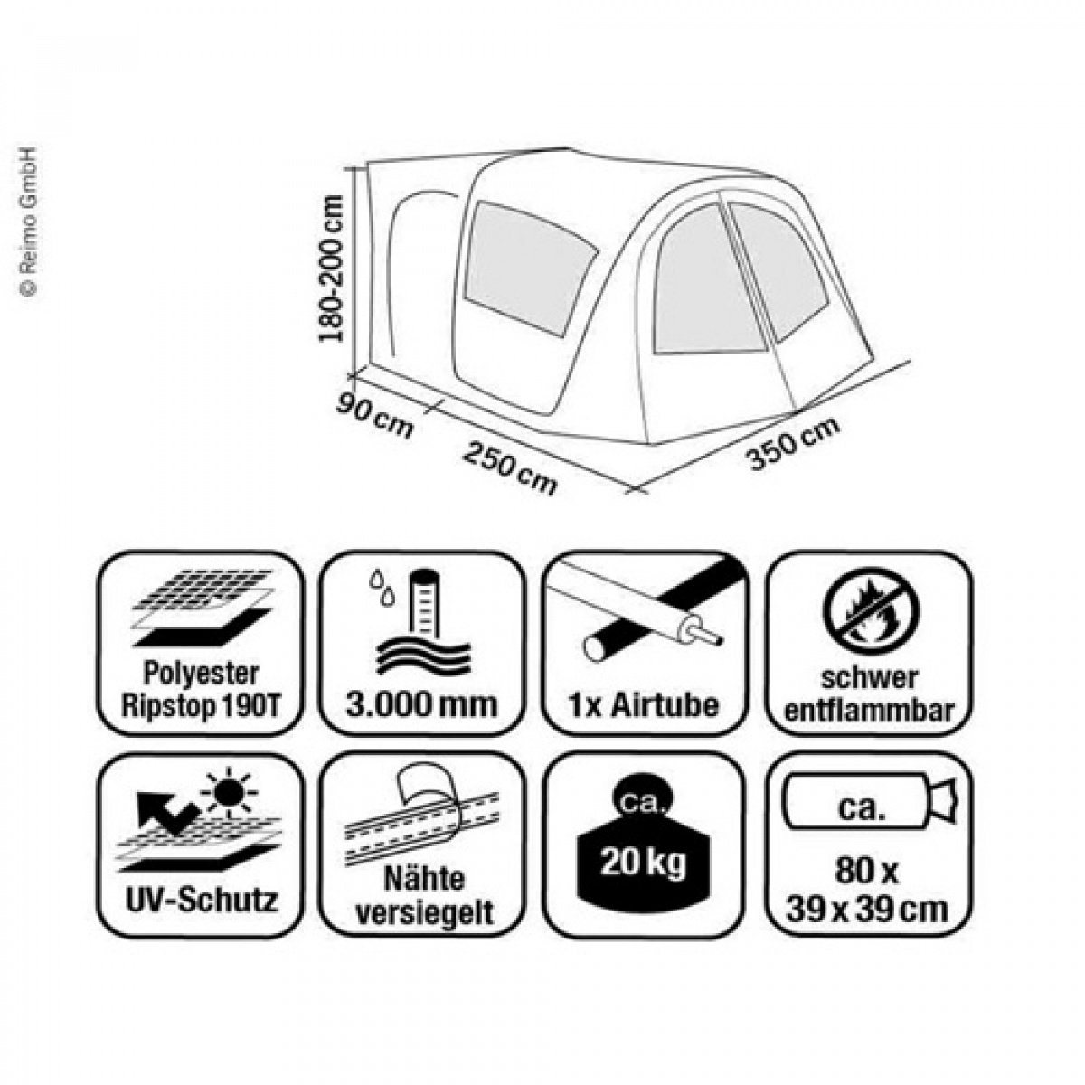 Reimo Frittstående Bakgaveltelt Tour Van AIr T3/T4/T5/T6 i gruppen Campingvogn & Bobilt / Van & Plåtbiter / Fortelt Van / Lufttelt hos Campmarket (69943)