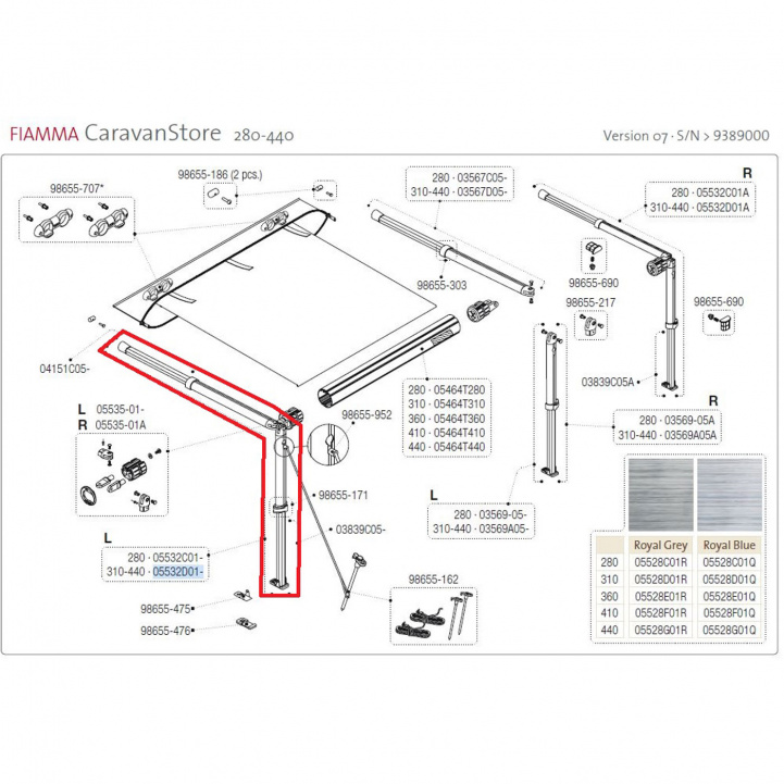 Fiamma Overligger + Ben Venstre 310-440 Versjon 07 i gruppen Fortelt & Markiser / Markiser / Campingvognmarkiser / Reservdeler Campingvognmarkiser / Reservdeler Caravanstore hos Campmarket (73134)