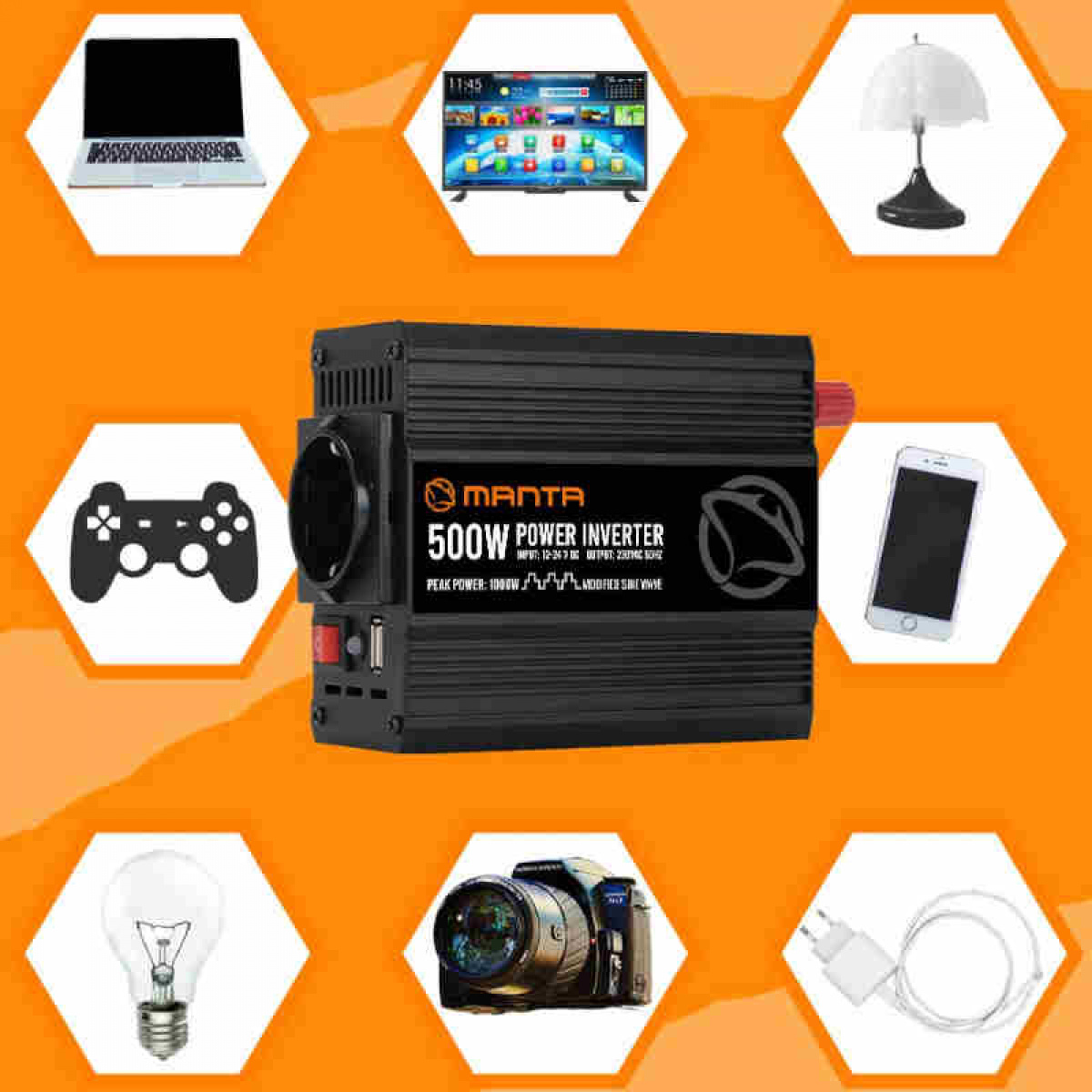 Manta Inverter 500 W i gruppen Campingvogn & Bobilt / Elektronikk / Batterier & Omformere / Inverter & Omformer / Omformer 12V Til 230V hos Campmarket (84287)